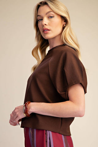 Round Neck Puff Short Sleeve Pullover Top: Brown / S - The Edit LLC