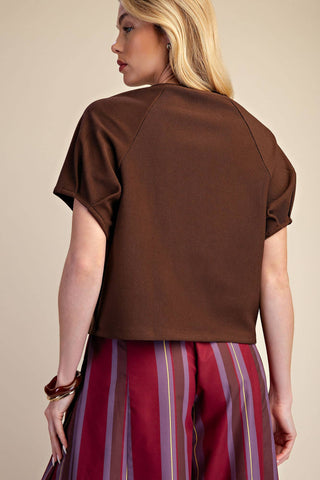 Round Neck Puff Short Sleeve Pullover Top: Brown / S - The Edit LLC