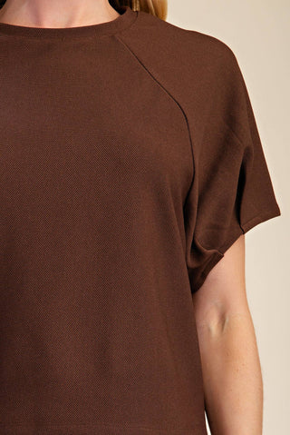 Round Neck Puff Short Sleeve Pullover Top: Brown / S - The Edit LLC
