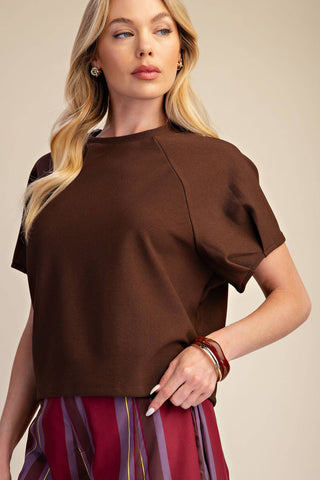 Round Neck Puff Short Sleeve Pullover Top: Brown / S - The Edit LLC