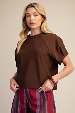 Round Neck Puff Short Sleeve Pullover Top: Brown / S - The Edit LLC