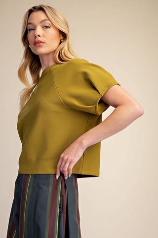 Round Neck Puff Short Sleeve Pullover Top: Light Olive / S - The Edit LLC