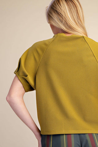 Round Neck Puff Short Sleeve Pullover Top: Light Olive / S - The Edit LLC