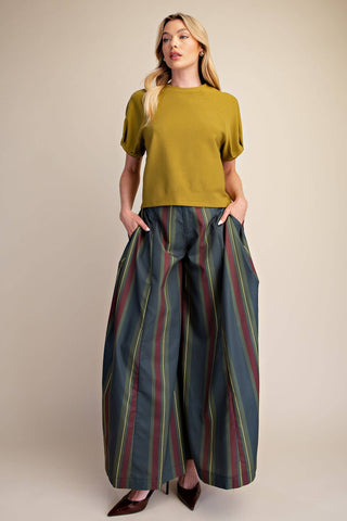 Round Neck Puff Short Sleeve Pullover Top: Light Olive / S - The Edit LLC