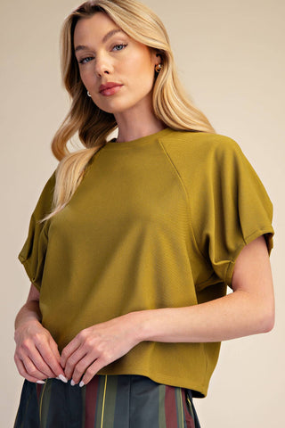 Round Neck Puff Short Sleeve Pullover Top: Light Olive / S - The Edit LLC