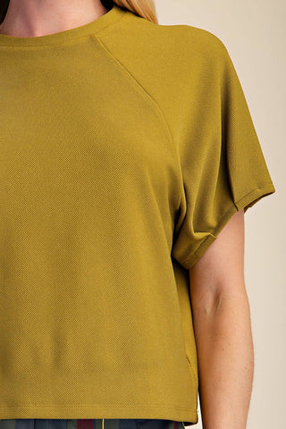 Round Neck Puff Short Sleeve Pullover Top: Light Olive / S - The Edit LLC