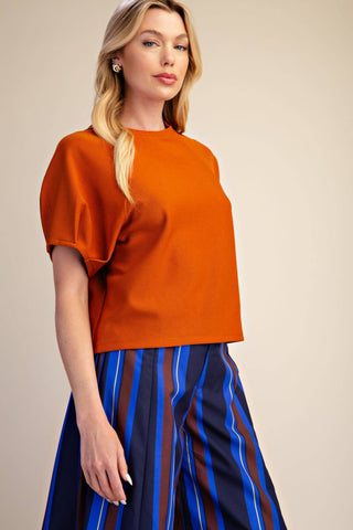 Round Neck Puff Short Sleeve Pullover Top: Rust / S - The Edit LLC