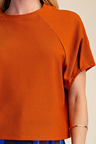 Round Neck Puff Short Sleeve Pullover Top: Rust / S - The Edit LLC
