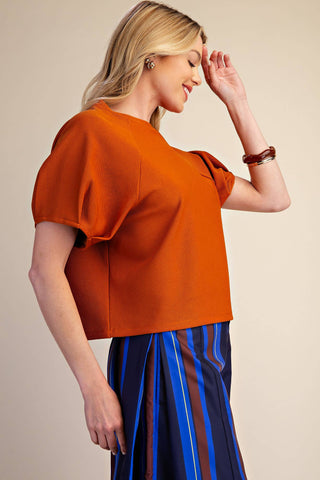 Round Neck Puff Short Sleeve Pullover Top: Rust / S - The Edit LLC