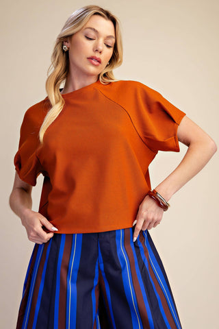 Round Neck Puff Short Sleeve Pullover Top: Rust / S - The Edit LLC