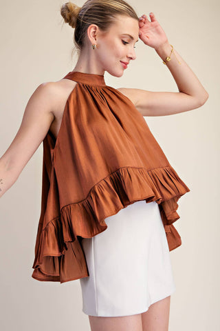Ruffle Halter Top With Back Neck Tie: Brown / S - The Edit LLC