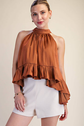 Ruffle Halter Top With Back Neck Tie: Brown / S - The Edit LLC