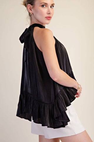 Ruffle Halter Top With Back Neck Tie: Brown / S - The Edit LLC