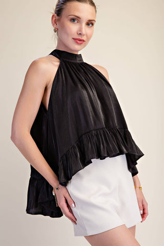 Ruffle Halter Top With Back Neck Tie: Brown / S - The Edit LLC