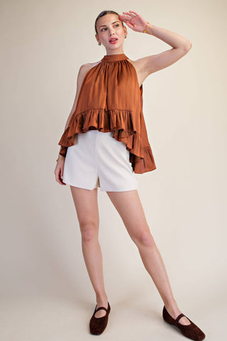 Ruffle Halter Top With Back Neck Tie: Brown / S - The Edit LLC