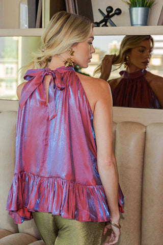 Ruffle Halter Top With Back Neck Tie: Brown / S - The Edit LLC