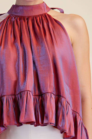Ruffle Halter Top With Back Neck Tie: Brown / S - The Edit LLC