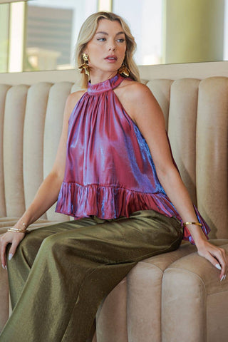 Ruffle Halter Top With Back Neck Tie: Brown / S - The Edit LLC
