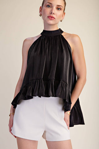 Ruffle Halter Top With Back Neck Tie: Brown / S - The Edit LLC