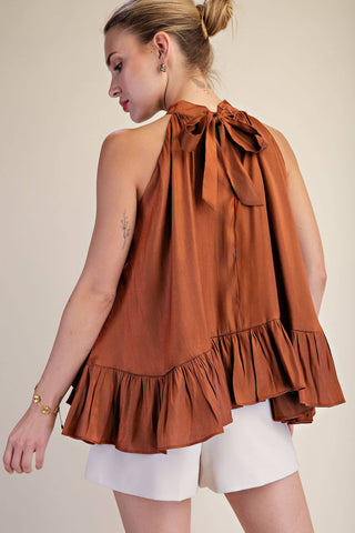 Ruffle Halter Top With Back Neck Tie: Brown / S - The Edit LLC