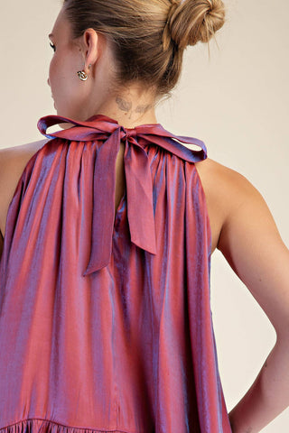 Ruffle Halter Top With Back Neck Tie: Brown / S - The Edit LLC