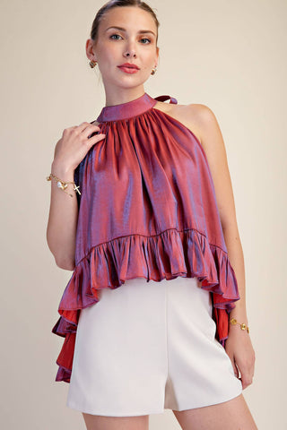 Ruffle Halter Top With Back Neck Tie: Brown / S - The Edit LLC
