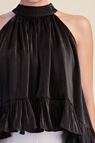 Ruffle Halter Top With Back Neck Tie: Brown / S - The Edit LLC