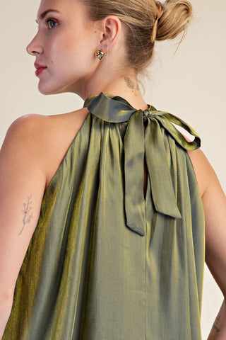 Ruffle Halter Top With Back Neck Tie: Brown / S - The Edit LLC