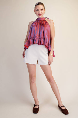 Ruffle Halter Top With Back Neck Tie: Brown / S - The Edit LLC