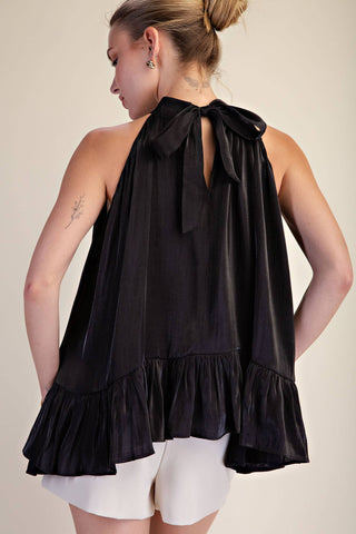 Ruffle Halter Top With Back Neck Tie: Brown / S - The Edit LLC