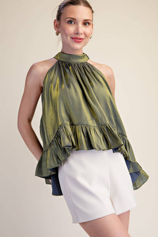 Ruffle Halter Top With Back Neck Tie: Brown / S - The Edit LLC