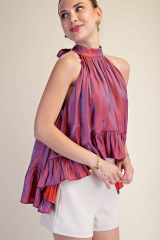 Ruffle Halter Top With Back Neck Tie: Brown / S - The Edit LLC