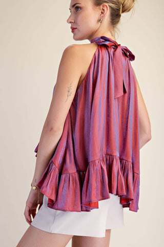Ruffle Halter Top With Back Neck Tie: Brown / S - The Edit LLC
