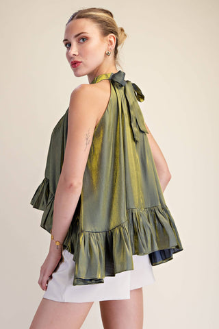 Ruffle Halter Top With Back Neck Tie: Rust / S - The Edit LLC