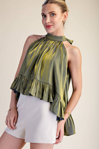 Ruffle Halter Top With Back Neck Tie: Rust / S - The Edit LLC