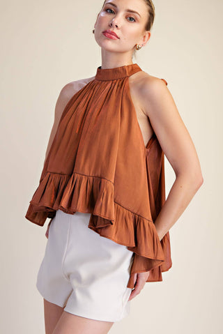 Ruffle Halter Top With Back Neck Tie: Rust / S - The Edit LLC