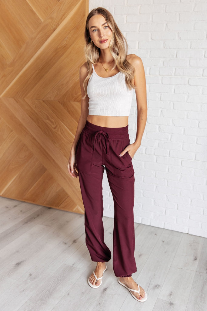 Runner's High Drawstring Joggers in Red Merlot - The Edit LLC