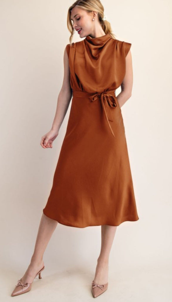 Rust Cowl Neck Midi Dress - The Edit LLC