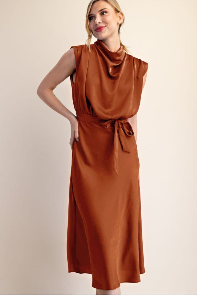 Rust Cowl Neck Midi Dress - The Edit LLC