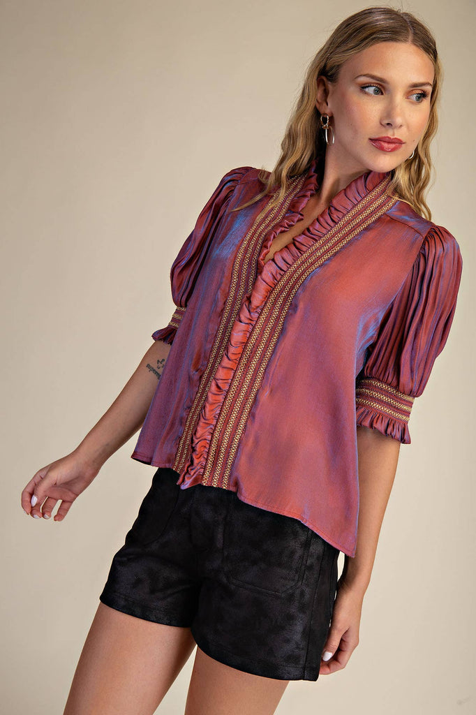 Rust Ruffle V - Neck Smocked Puff Sleeve Blouse - The Edit LLC