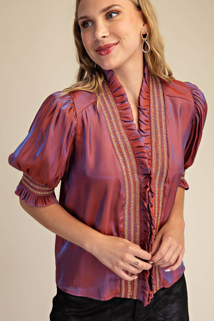 Rust Ruffle V - Neck Smocked Puff Sleeve Blouse - The Edit LLC