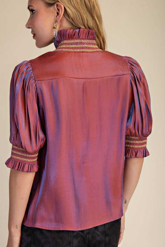 Rust Ruffle V - Neck Smocked Puff Sleeve Blouse - The Edit LLC