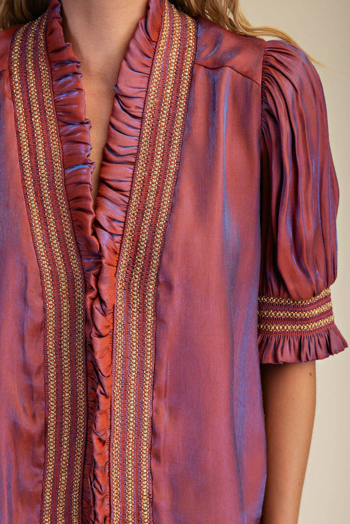 Rust Ruffle V - Neck Smocked Puff Sleeve Blouse - The Edit LLC