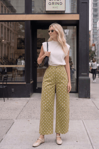 Sage Casual Pants High Waist Barrel Leg Polka Dot Stretch - The Edit LLC