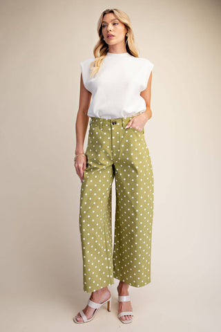 Sage Casual Pants High Waist Barrel Leg Polka Dot Stretch - The Edit LLC