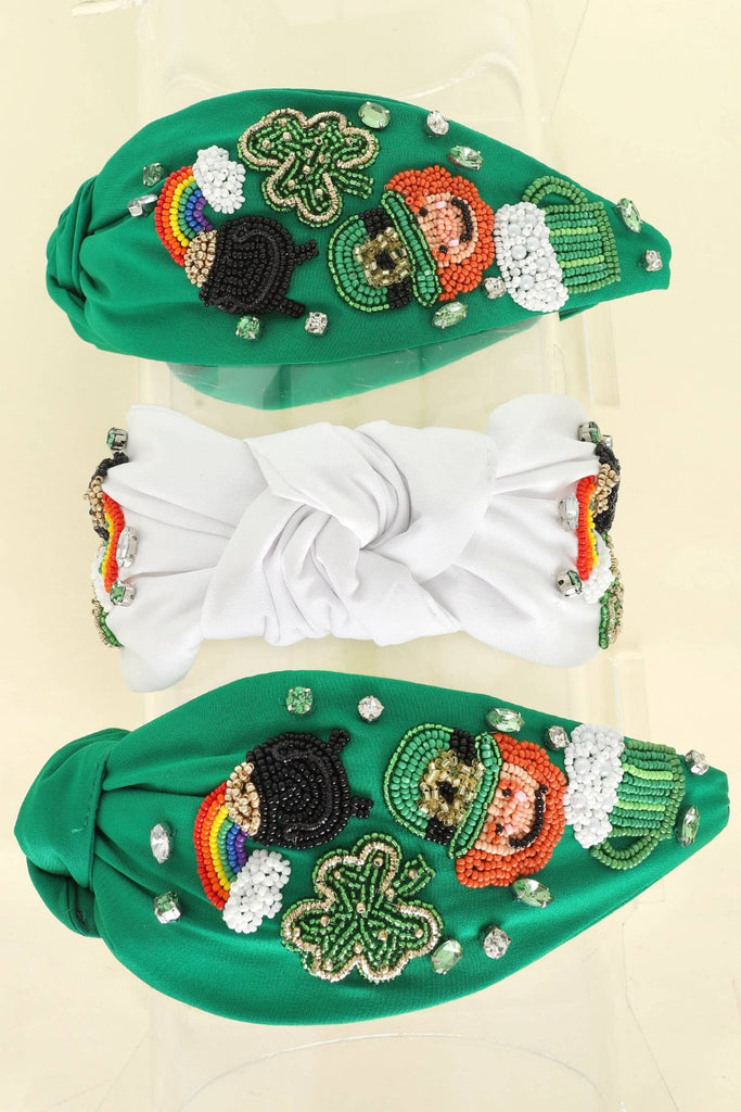 Saint Patrick's Leprechaun Knotted Beaded Headband: White - The Edit LLC