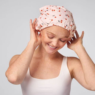 Satin - Lined Flexi Shower Cap - Cherry Print - The Edit LLC