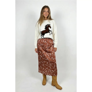 Satin Skirt with Western Graphics - Chocolate/Cream - The Edit LLC