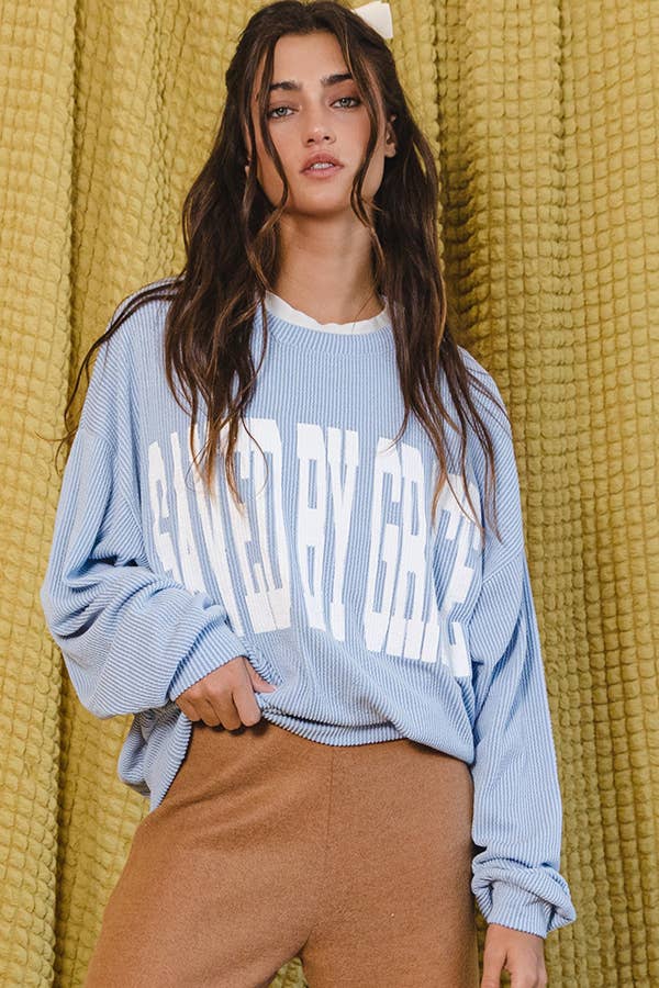 ‘SAVED BY GRACE' Graphic Sweatshirt Top: SKY BLUE - The Edit LLC