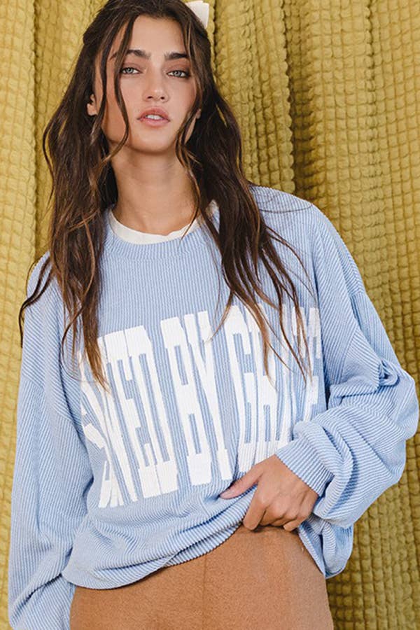 ‘SAVED BY GRACE' Graphic Sweatshirt Top: SKY BLUE - The Edit LLC